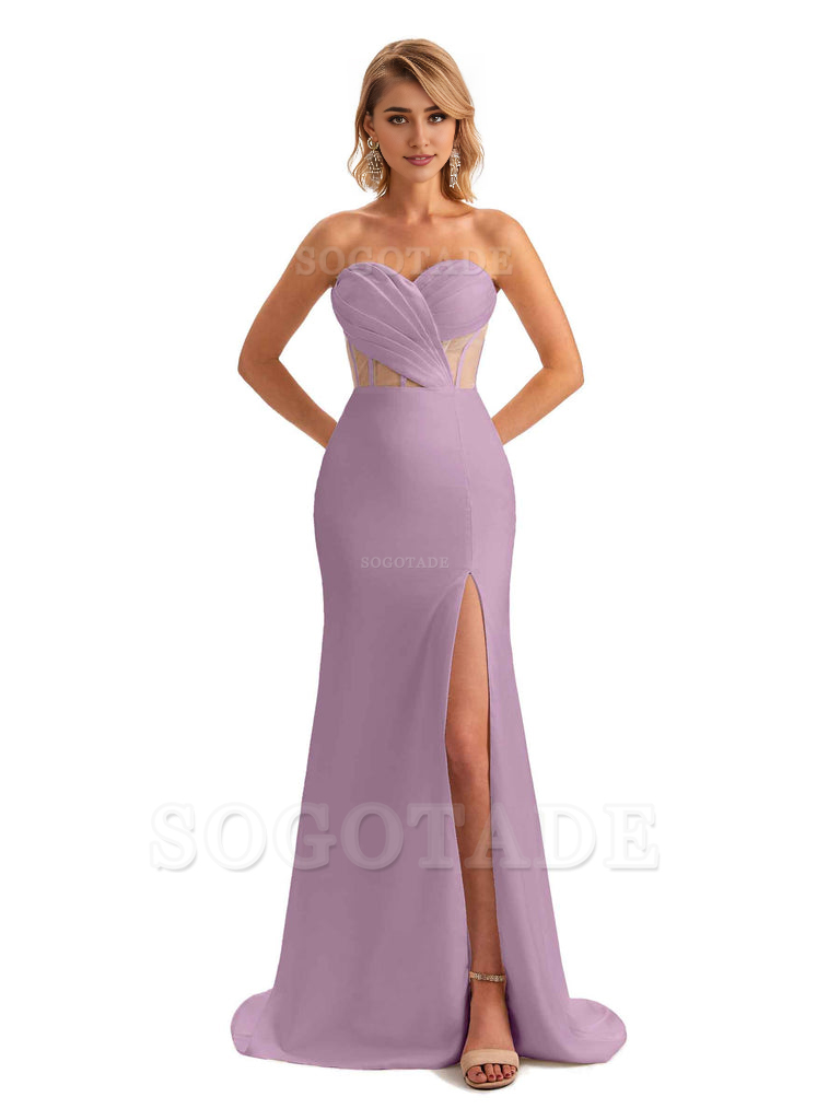 Sexy Sweetheart Strapless Side Slit Mermaid Soft Satin Unique Long Bridesmaid Dress For Wedding