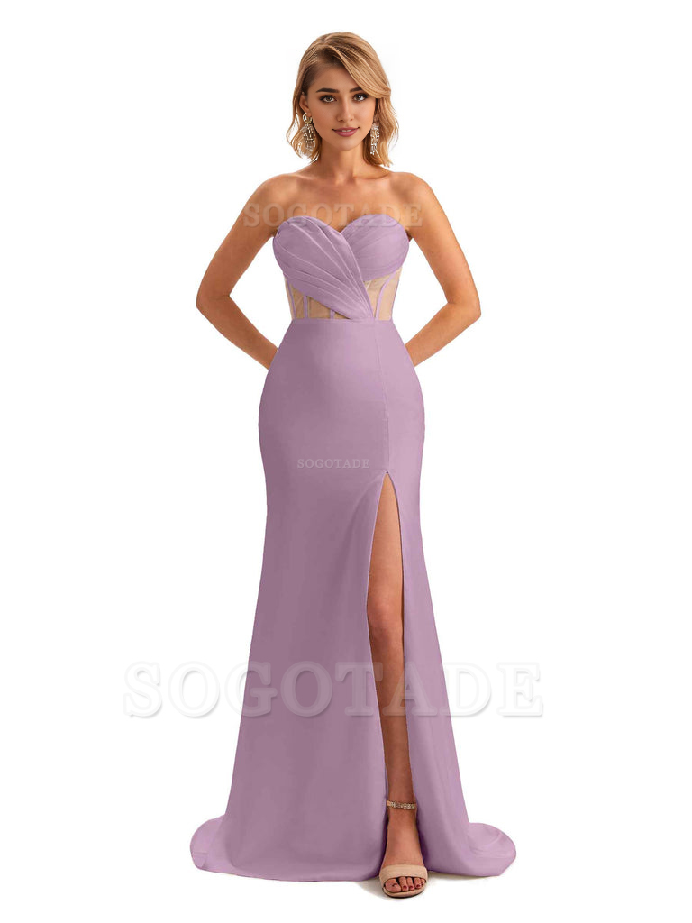 Sexy Sweetheart Strapless Side Slit Mermaid Soft Satin Unique Long Bridesmaid Dress For Wedding