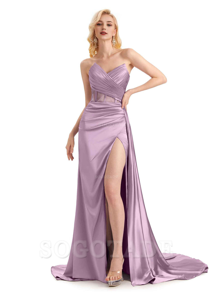 Sexy Soft Satin Side Slit See Through Floor-Length Long Mermaid Bridesmaid Dresses prom shop dresses