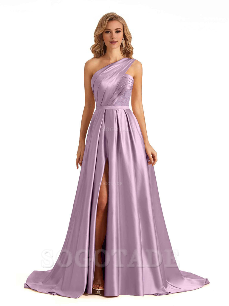 Sexy Side Slit One Shoulder A-Line Soft Satin Long Bridesmaid Dresses Online prom dress in store