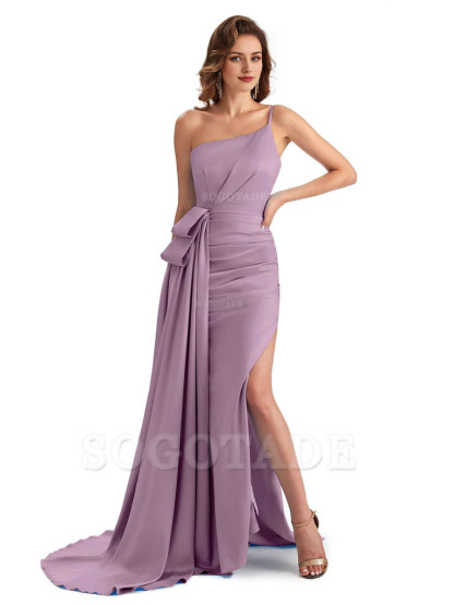 Sexy Side Slit Mermaid Silky Satin One Shoulder Modern Maxi Bridesmaid Dresses