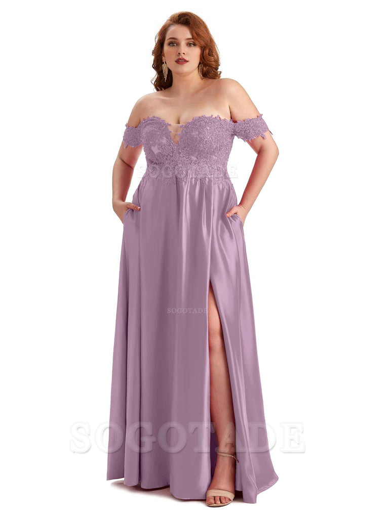 Off Shoulder Side Slit Lace Soft Satin Long Plus Size Bridesmaid Dresses For Wedding