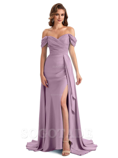 Sexy Side Slit Mermaid Soft Satin Off The Shoulder Long Unique Bridesmaid Dresses prom dress in store