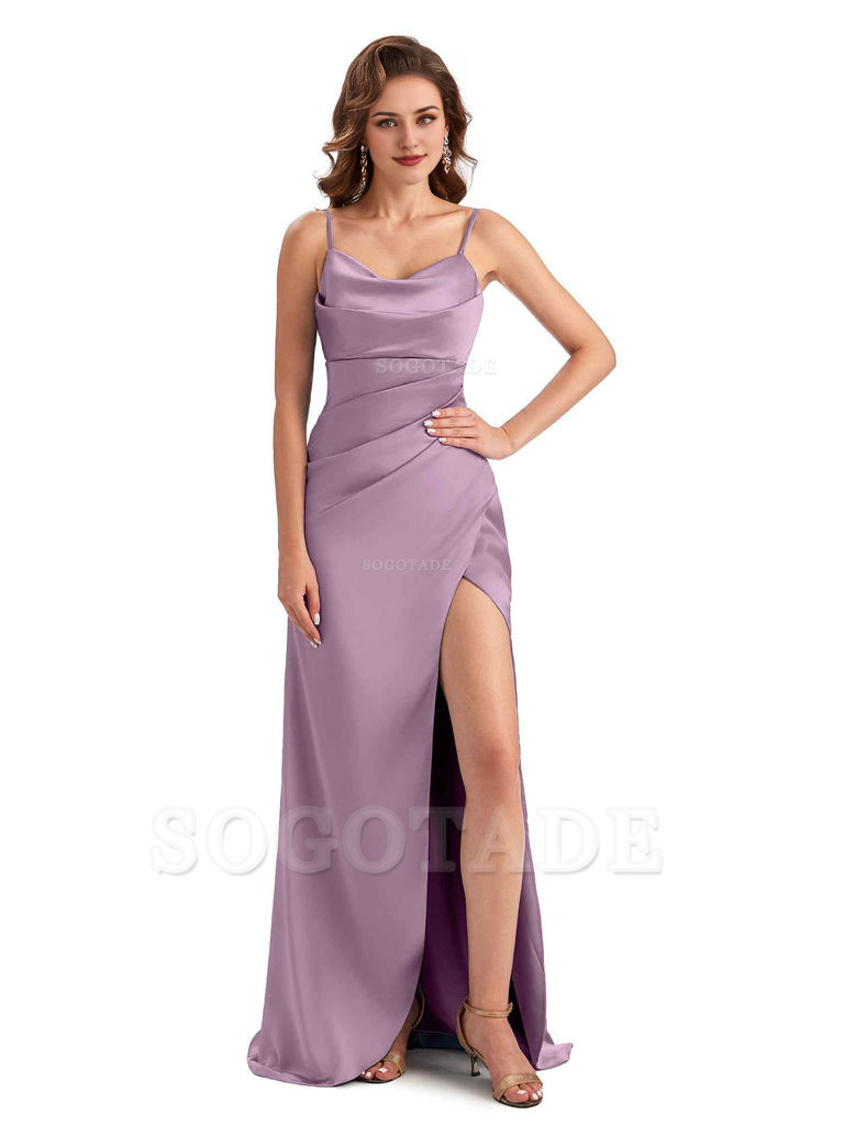 Soft Satin Side Slit Spaghetti Straps Sexy Wedding Bridesmaid Dresses