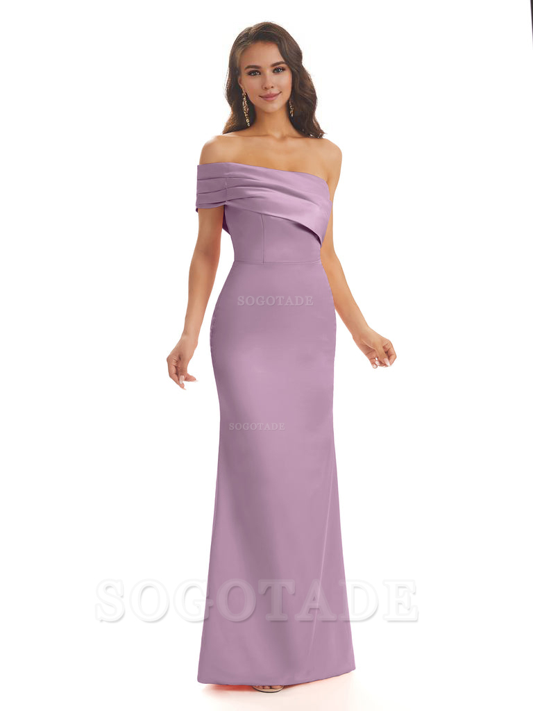 Soft Satin Sexy Side Slit One Shoulder Long Mermaid Bridesmaid Dresses Online prom dress in store