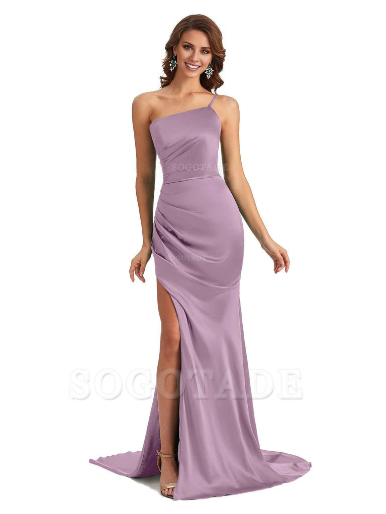 Sexy Silky Satin Side Slit One Shoulder Unique Long Wedding Guest Maxi Dresses