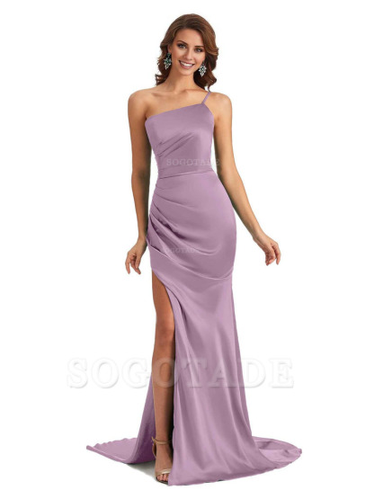 Sexy Silky Satin Side Slit One Shoulder Unique Long Wedding Guest Maxi Dresses