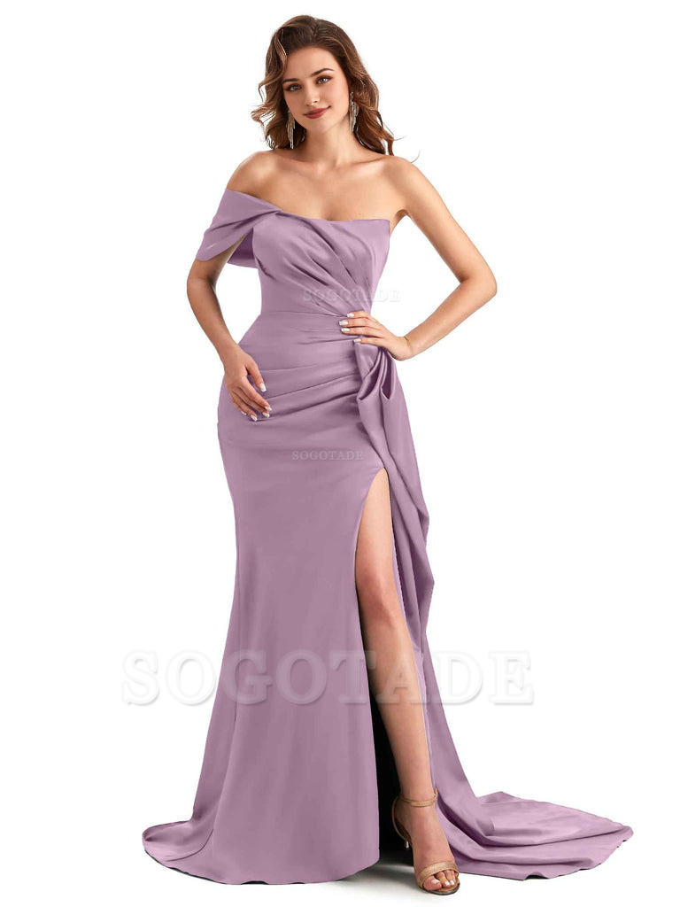 Sexy Side Slit Mermaid Silky Satin One Shoulder Chic Long Maid Of Honor Dresses