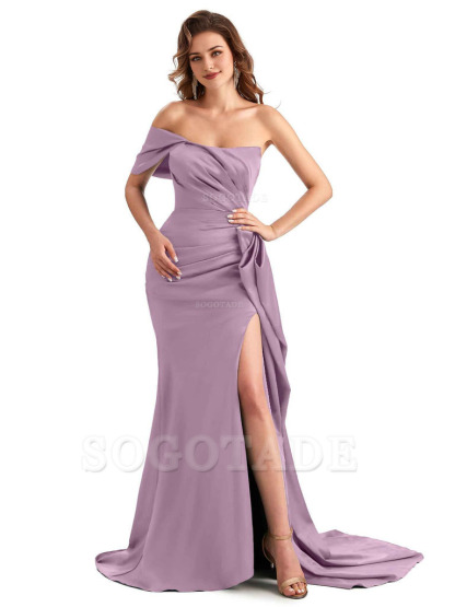 Sexy Side Slit Mermaid Silky Satin One Shoulder Chic Long Maid Of Honor Dresses