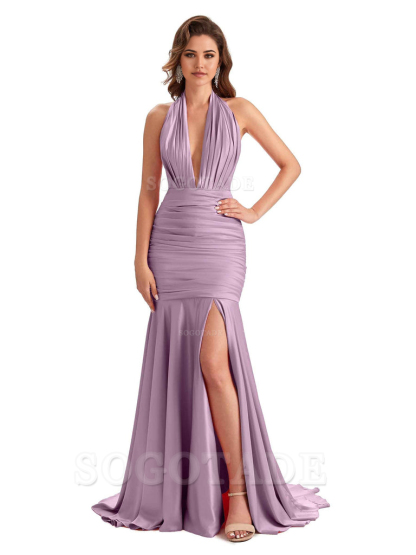 Mermaid Halter V-neck Satin formal dresses evening gown Bridesmaid Dresses With Side Slit 