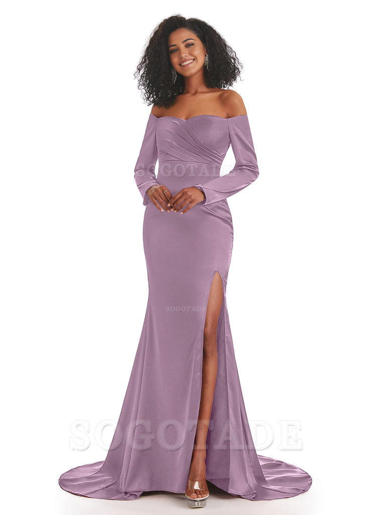Mermaid Long Sleeve Satin formal dresses evening gown Bridesmaid Dresses With Side Slit 