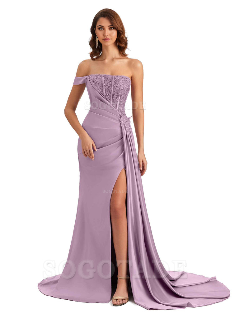 Mermaid Off Shoulder Applique formal dresses evening gown Bridesmaid Dresses With Side Slit 