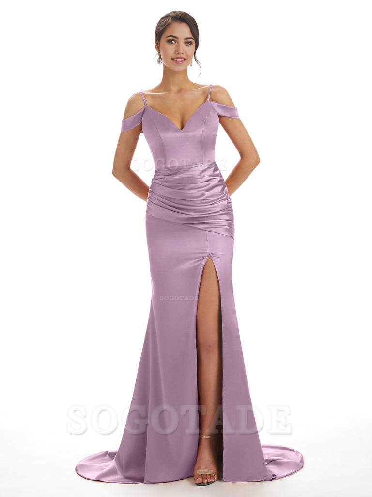 Mermaid Off The Shoulder Satin formal dresses evening gown Bridesmaid Dresses With Side Slit 