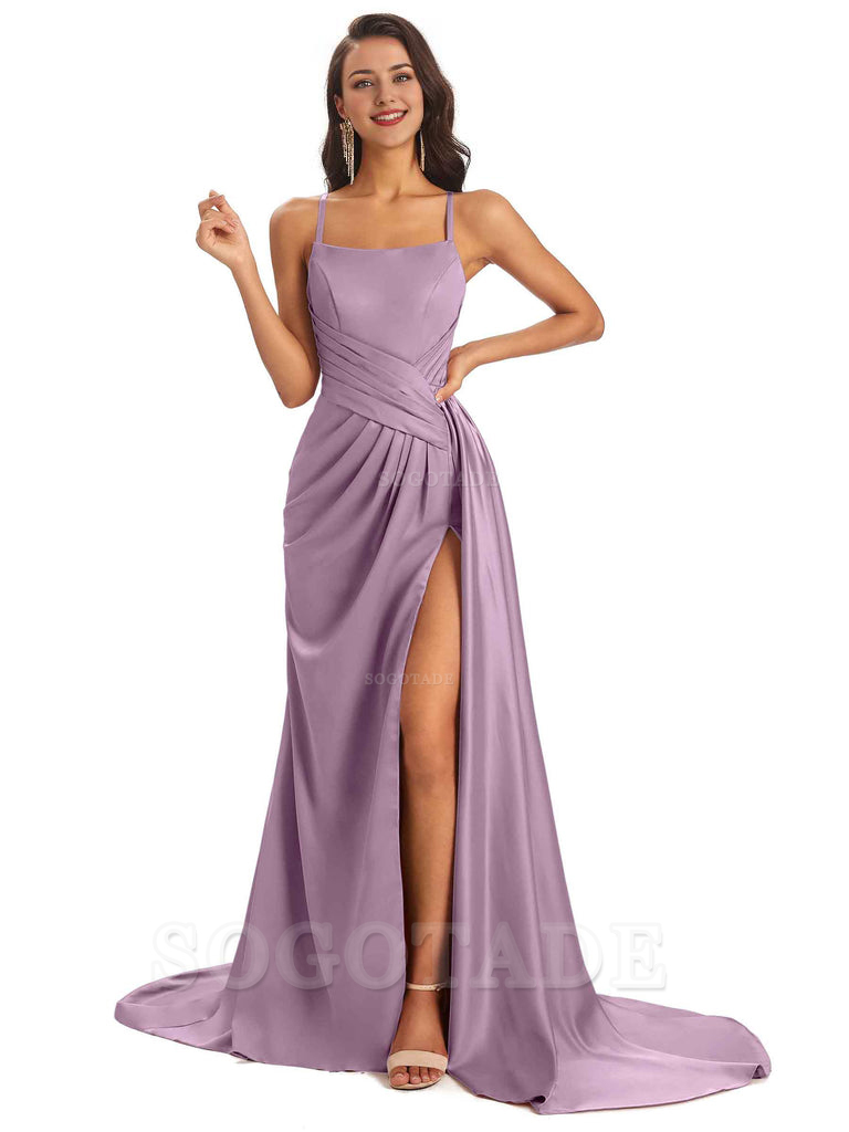 Sexy Soft Satin Side Slit Spaghetti Straps Long Maxi Bridesmaid Dresses prom shop dresses
