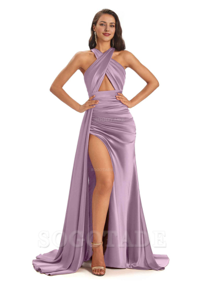 Sexy Soft Satin Halter Side Slit Floor-Length Maxi Mermaid Bridesmaid Dresses Online prom dress shop ﻿
