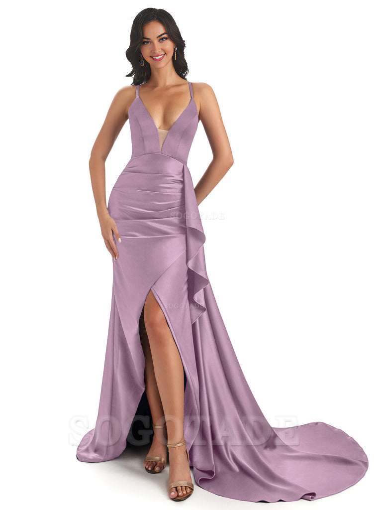 Sexy Spaghetti Straps Soft Satin Side Slit Pleats Unique Mermaid Bridesmaid Dresses prom shop dresses ﻿