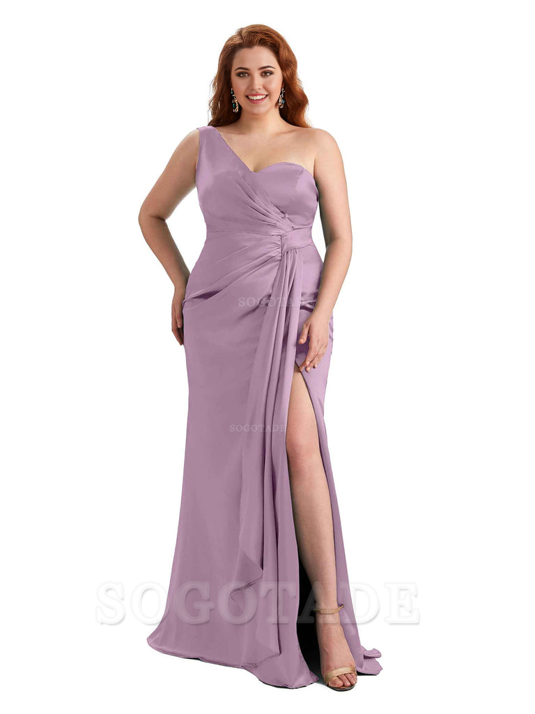  Sexy One Shoulder Side Hight Slit Mermaid Satin Floor Length Long Plus Size Bridesmaid Dress For Wedding
