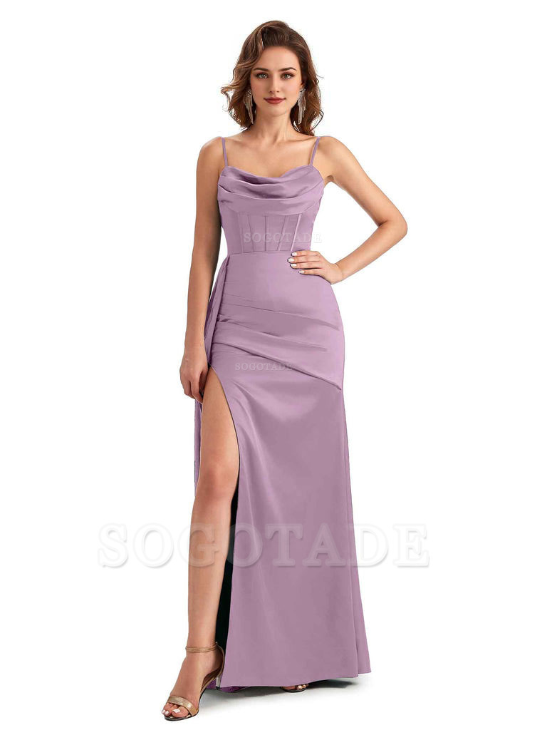 Sexy Side Slit Mermaid Silky Satin Spaghetti Straps Unique Wedding Guest Dresses