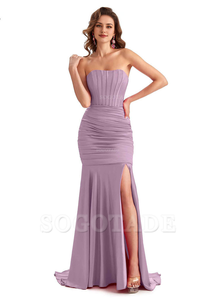 Sexy Strapless Side Slit Mermaid Silky Satin Formal Bridesmaid Dresses