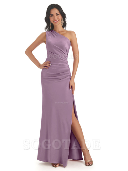 Mermaid One Shoulder Satin formal dresses evening gown Bridesmaid Dresses With Side Slit 