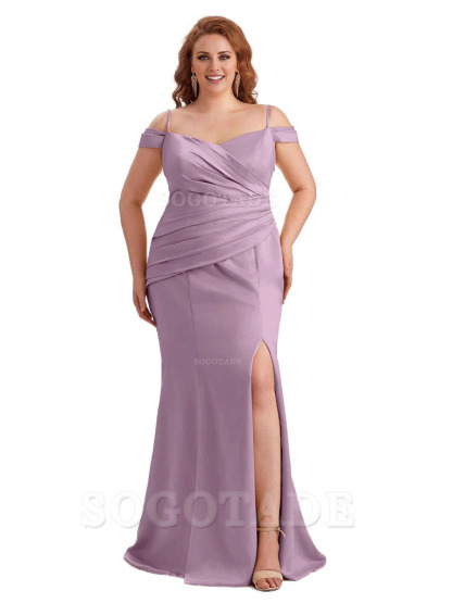 Elegant Cold Shoulder Side Slit Mermaid Soft Satin Long Plus Size Bridesmaid Gowns