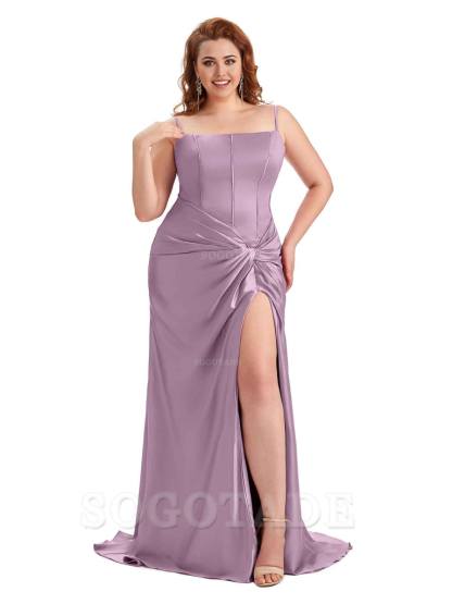 Sexy Spaghetti Straps Side Slit Mermaid Soft Satin Pleated Floor Length Long Plus Size Bridesmaid Dress