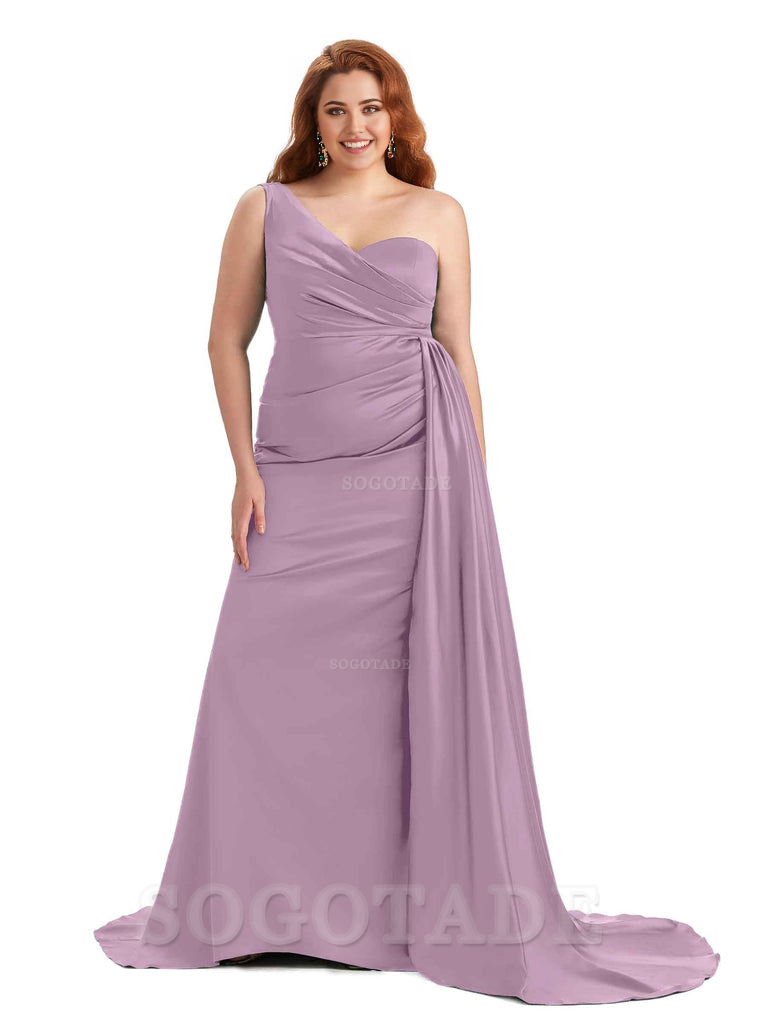 Sexy One Shoulder Sleeveless Mermaid Soft Satin Long Plus Size With Train Bridesmaid Gowns