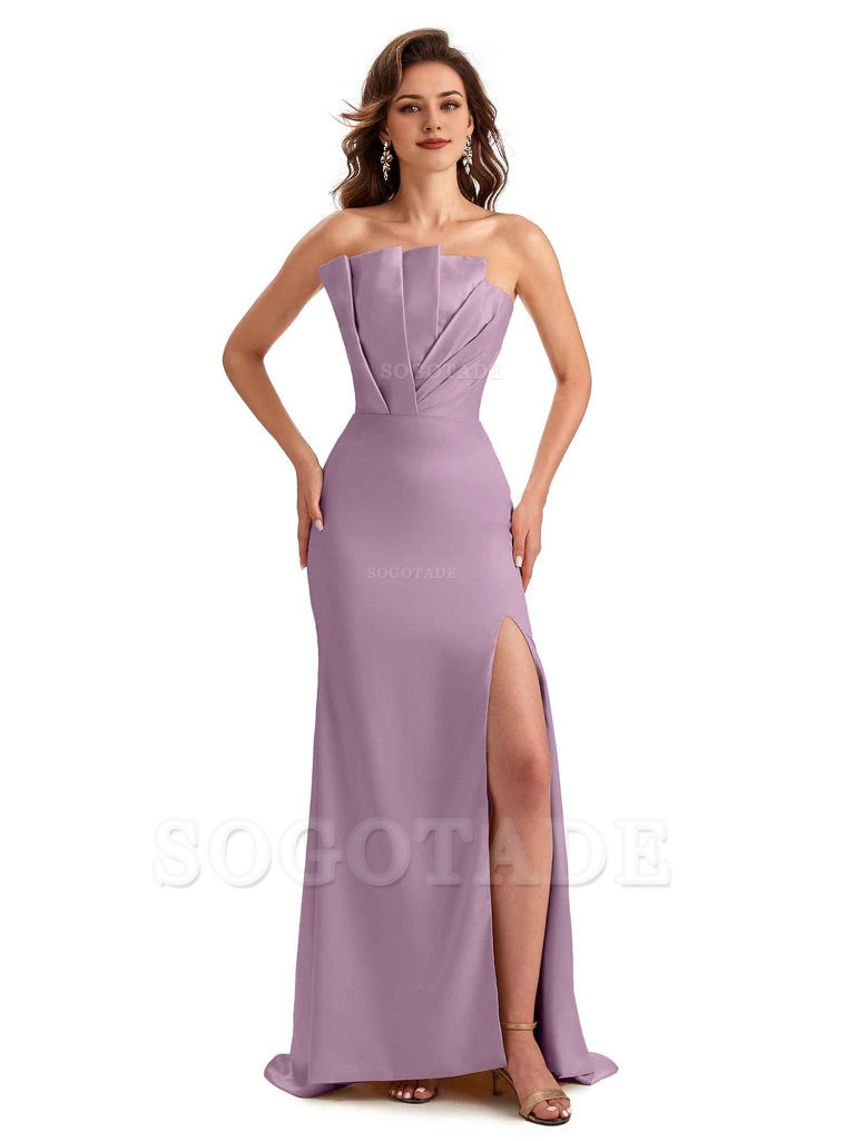 Unique Soft Satin Side Slit Asymmetrical Neckline Mermaid Long Bridesmaid Dresses