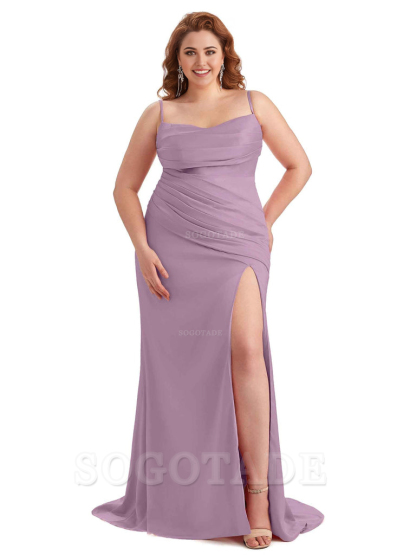 Sexy Side Slit Spaghetti Straps Mermaid Soft Satin Long Plus Size Bridesmaid Dress For Wedding