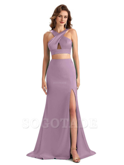 Sexy Side Slit Mermaid Silky Satin Halter Two Pieces Unique Long Bridesmaid Dresses