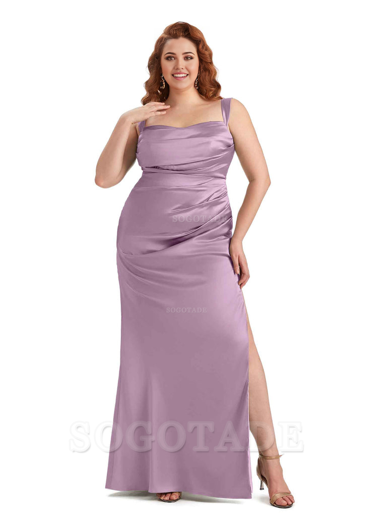Sexy Side Slit Mermaid Wide Straps Soft Satin Long Plus Size Maid of Bridesmaid Dresses