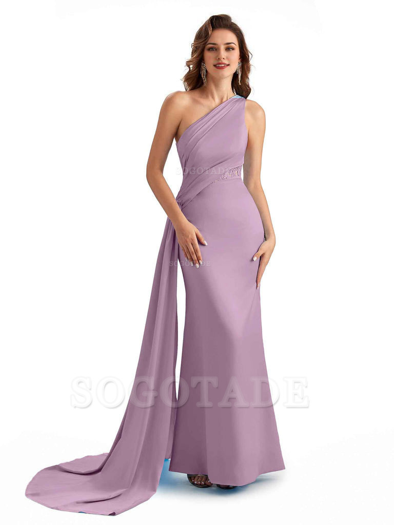 Sexy Mermaid Silky Satin One Shoulder Lace See Through Long Bridesmaid Dresses Online