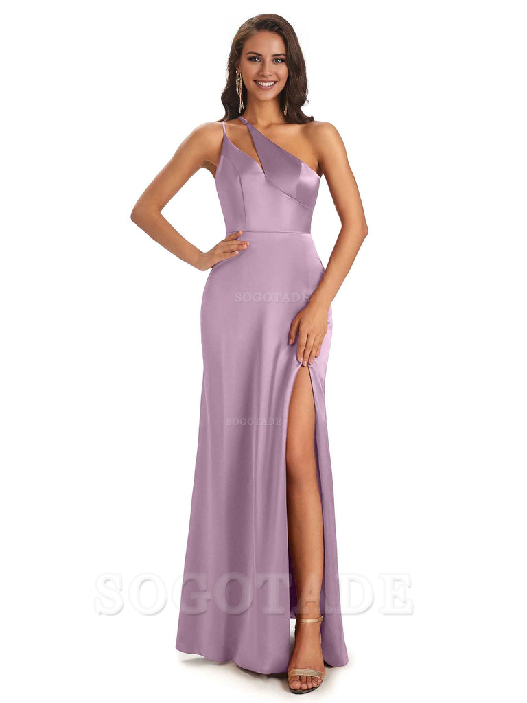 Sexy Soft Satin Side Slit One Shoulder Floor-Length Mermaid Long Bridesmaid Dresses Elegant Evening Party Dress