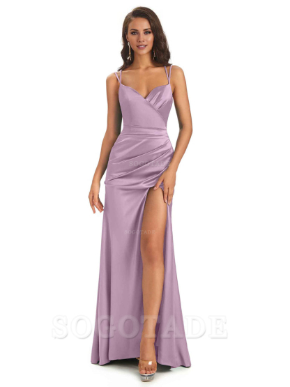 Sexy Soft Satin Side Slit Spaghetti Straps Long Maxi Mermaid Bridesmaid Dresses Elegant Evening Party Dress