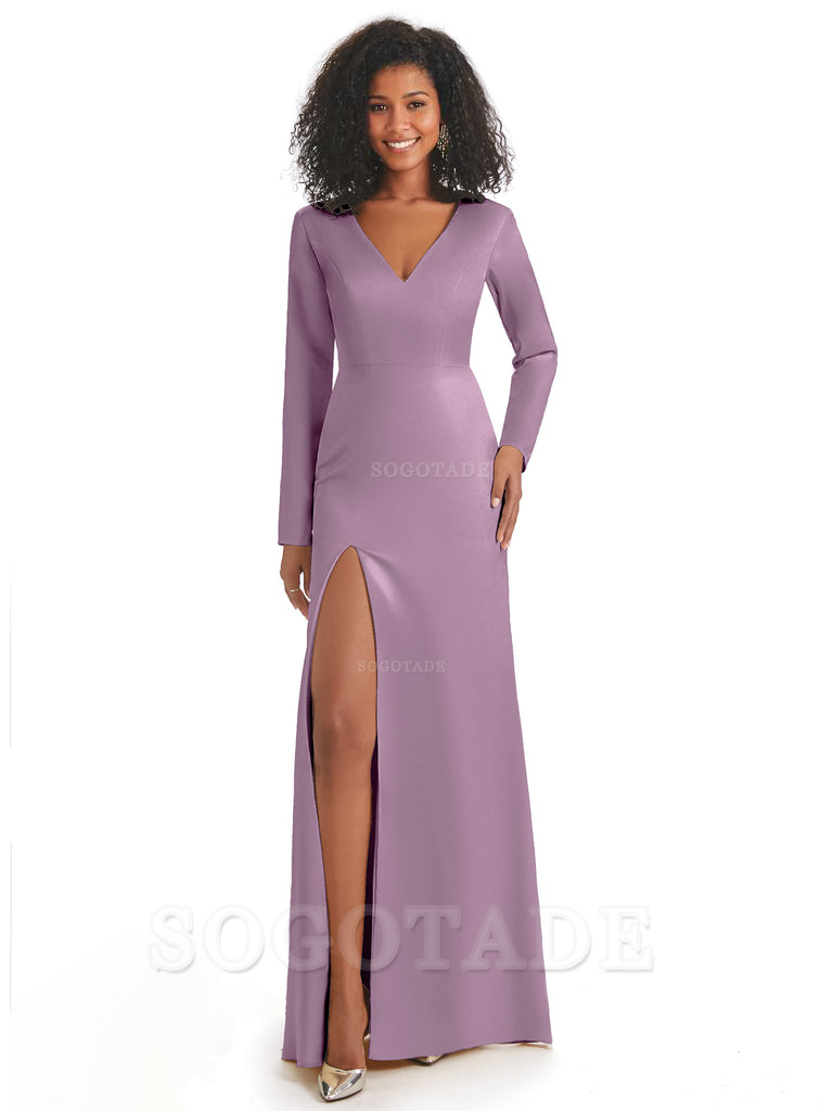 Soft Satin Side Slit Long Sleeves V-Neck Long African Mermaid Bridesmaid Dresses Elegant Evening Party Dress