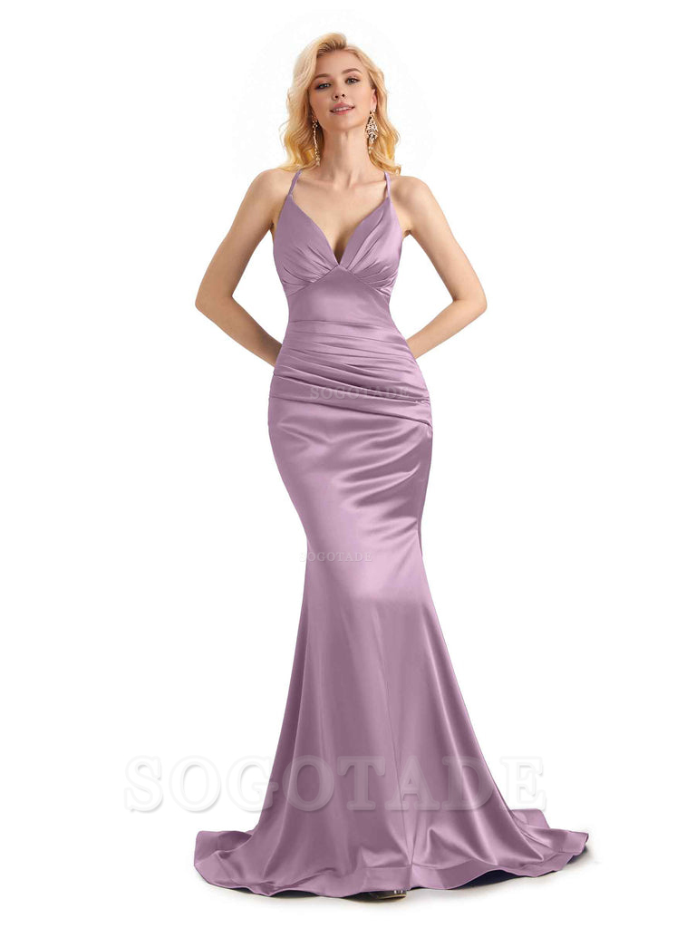 Elegant Soft Satin Mermaid Spaghetti Straps V-Neck Backless Long Bridesmaid Dresses Charming Evening Party Dress