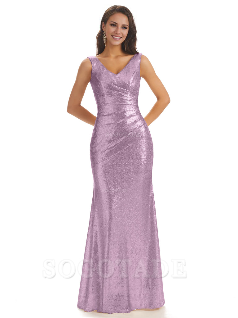 Sexy Sequin V-Neck Sparkly Long Mermaid Bridesmaid Dresses Charming Evening Party Dress