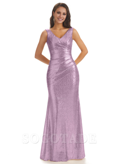 Sexy Sequin V-Neck Sparkly Long Mermaid Bridesmaid Dresses Charming Evening Party Dress