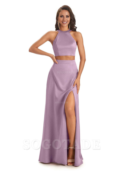 Soft Satin Two-Pieces Halter Side Slit Sexy Fashion Bridesmaid Dresses Charming Evening Party Dress