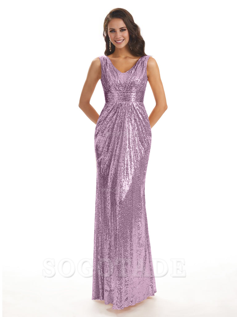 Sparkly V-Neck Sequin Long Mermaid Bridesmaid Dresses Sleeveless Charming Evening Party Dress