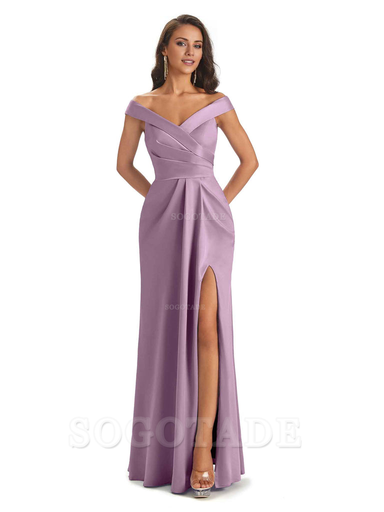 Sexy Soft Side Slit Off Shoulder V-Neck Long Satin Ladies Bridesmaid Dresses Elegant Evening Party Dress