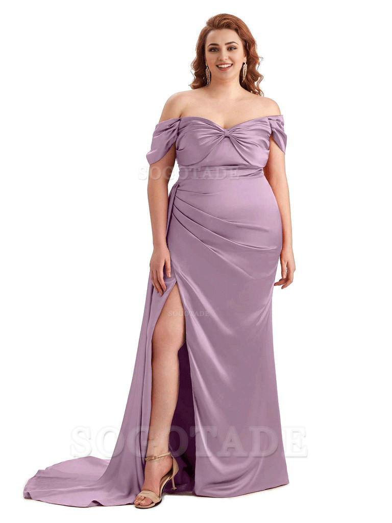  Sexy Side Slit Off The Shoulder Mermaid Soft Satin Long Plus Size Bridesmaid Dress For Wedding
