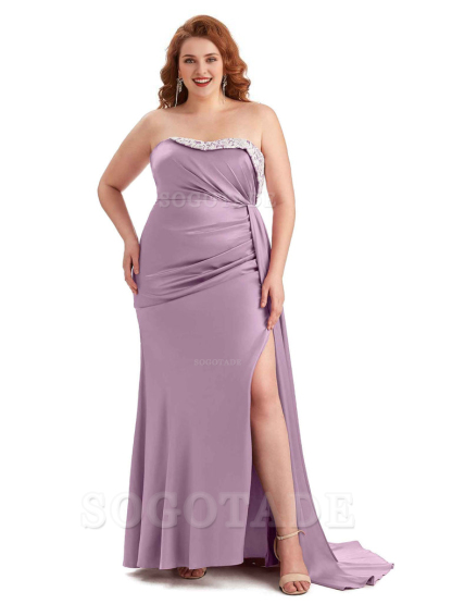 Sexy Side Slit Strapless Mermaid Lace Soft Satin Long Plus Size Maid of Honor Dresses