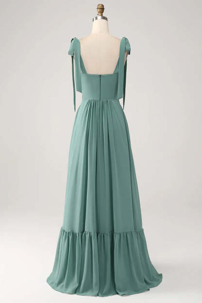 A Line Chiffon Green Long Pleated Bridesmaid Dress-SOGOTADE