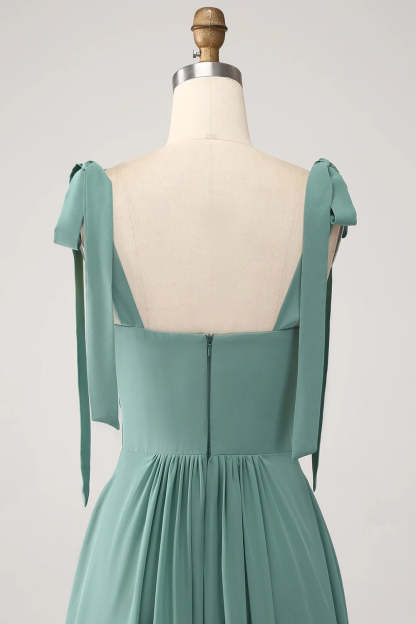 A Line Chiffon Green Long Pleated Bridesmaid Dress-SOGOTADE