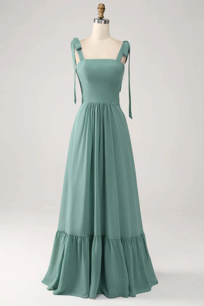 A Line Chiffon Green Long Pleated Bridesmaid Dress-SOGOTADE
