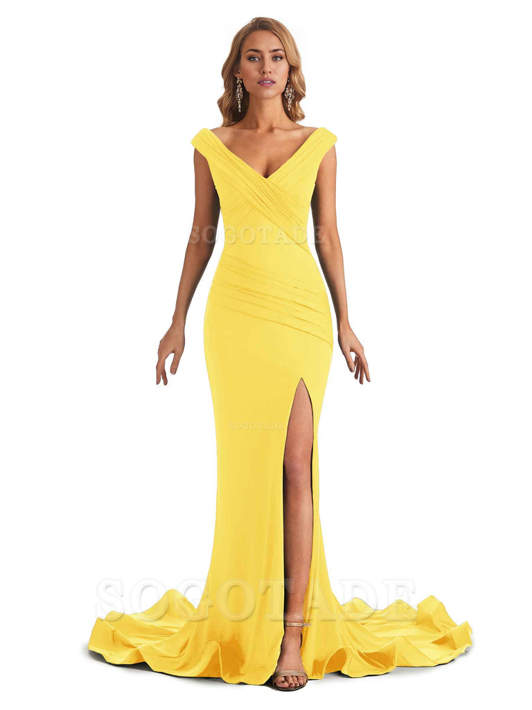 Sexy Mermaid V-Neck Off The Shoulder Side Fork Long Fashion Bridesmaid Dresses Formal Women's Dresses Wedding Guests Dresses