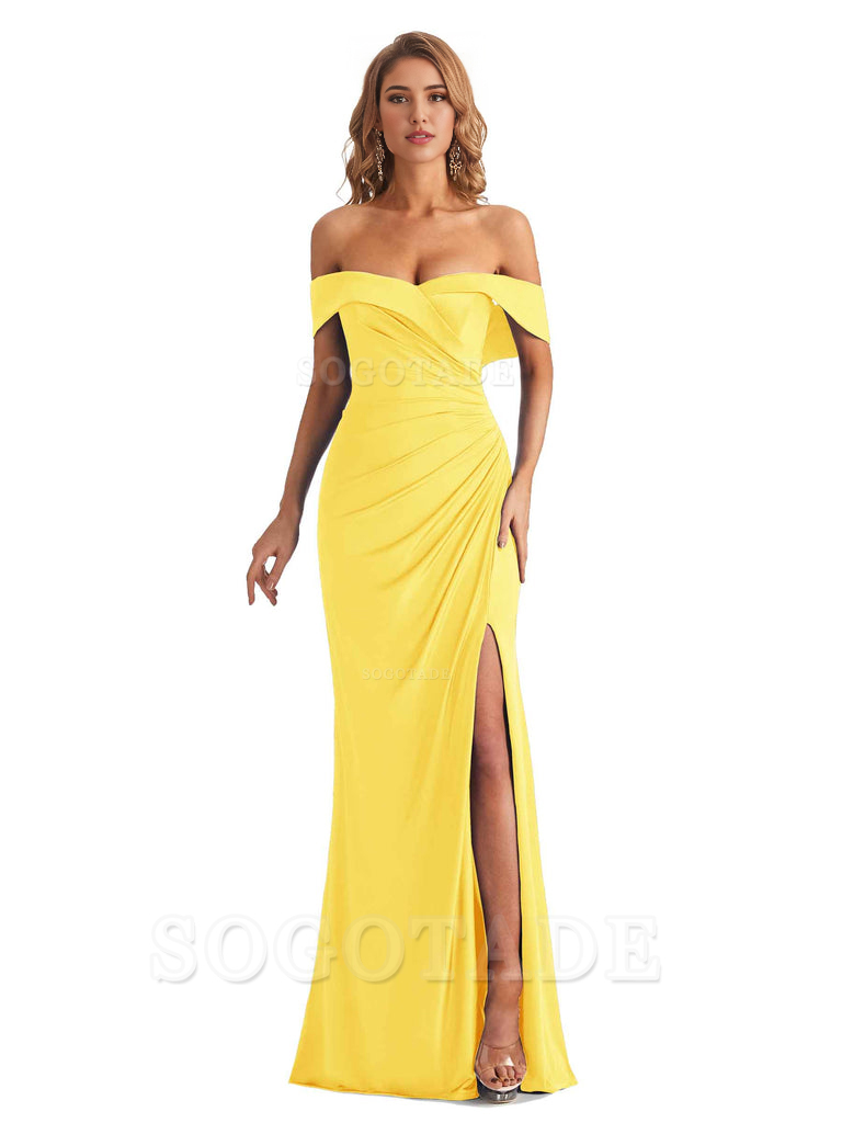 Sexy Mermaid Cultivate oneself Off The Shoulder Pleated Side Slit Long Bridesmaid Dresses Formal Women's Dresses Wedding Guests Dresses