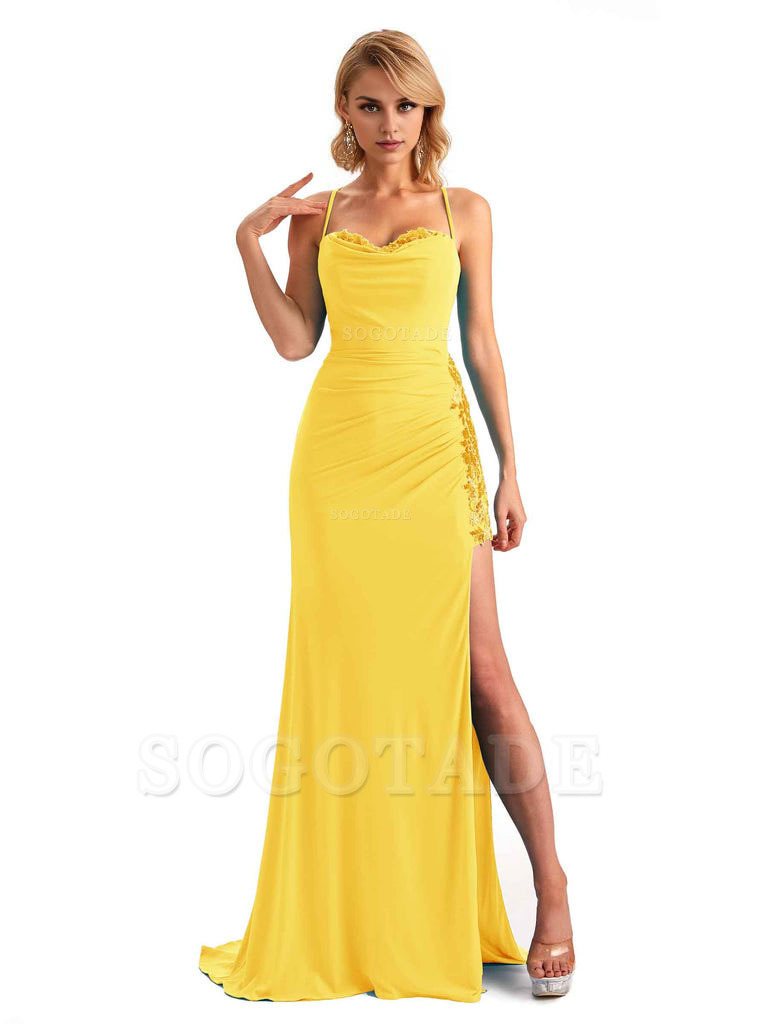 Mermaid Spaghetti Straps Side Slit Lace Stretchy Jersey Long Formal Bridesmaid Dresses