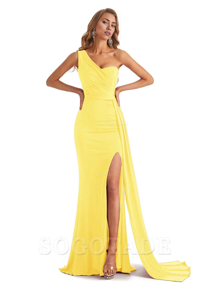 Sexy Mermaid One Shoulder Side Slit Stretchy Jersey Long Formal Bridesmaid Dresses Elegant Evening Party Dress